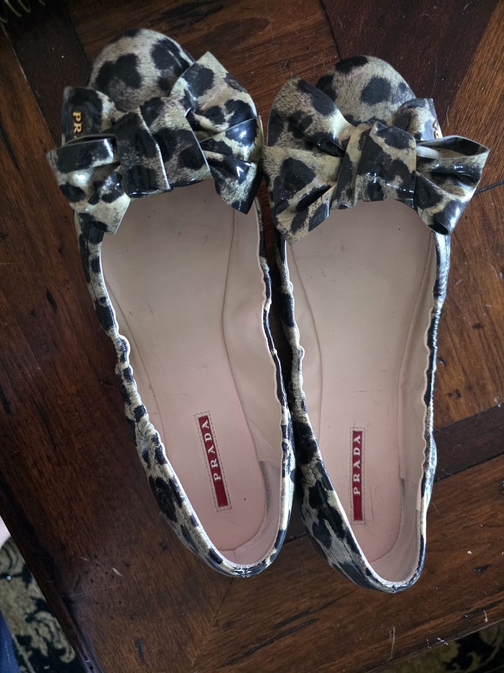 Prada Leopard-Print Bow Ballet Flats - Black & Tan